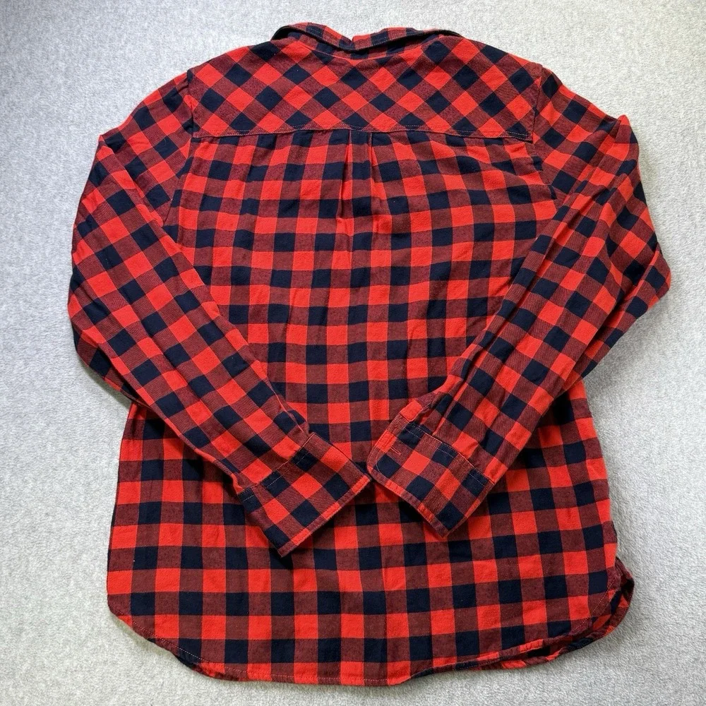 J‎ Crew Womens M Red Black Buffalo Plaid Flannel Collared 1/2 Button Shirt Top